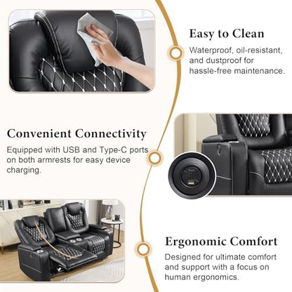 ANJ Faux Leather 3-Piece Power Reclining Set, Dual Recliners & 3-Seat Sofa with USB, Black