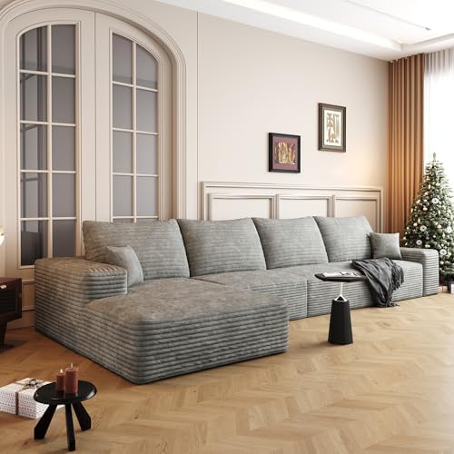 135" Oversized Compressed Sectional Sofa - 33D High-Density Foam Cloud Couch with Deep Seat - Minimalist 3-Piece Corduroy Upholstered Boneless Modular Lounge Couch
