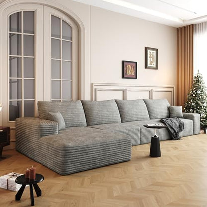 135" Oversized Compressed Sectional Sofa - 33D High-Density Foam Cloud Couch with Deep Seat - Minimalist 3-Piece Corduroy Upholstered Boneless Modular Lounge Couch