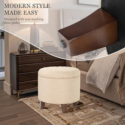 HomePop 19" Button Tufted Round Storage Ottoman - Tan Woven