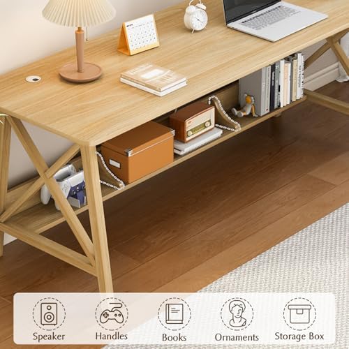 NELYE Extra Long Writing Desk with Bookshelf, 47" Wx16 Dx30 H, Oak