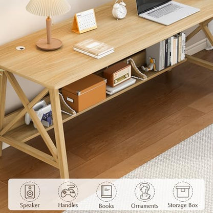 NELYE Extra Long Writing Desk with Bookshelf, 47" Wx16 Dx30 H, Oak