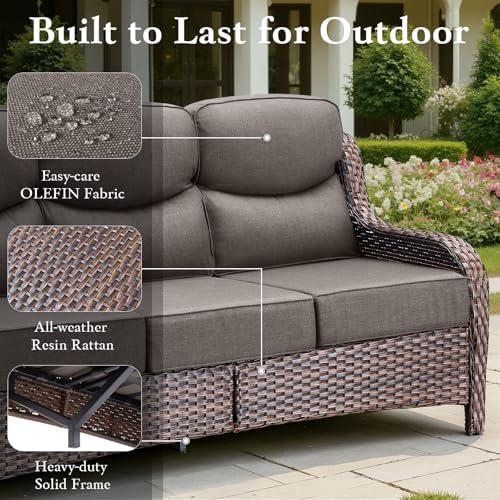 Wicker Patio Sofa with 6" Thick Cushions, All-Weather Outdoor Rattan Couch with High Backrest and Deep Seat, Outdoor Patio Sofas for Porch, Yard, Garden, Brown/Grey