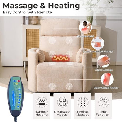 Oversized Swivel Rocker Recliner Chair with Massage and Heat, Manual Swivel Glider Rocker Recliner with 2 Bolster Pillows, Rocking Nursery Chair with Storage Ottoman , Adjustable Headrest, Beige