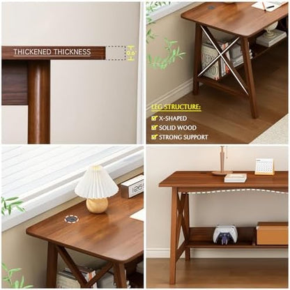 NELYE Extra Long Writing Desk with Bookshelf, 47" Wx16 Dx30 H, Oak