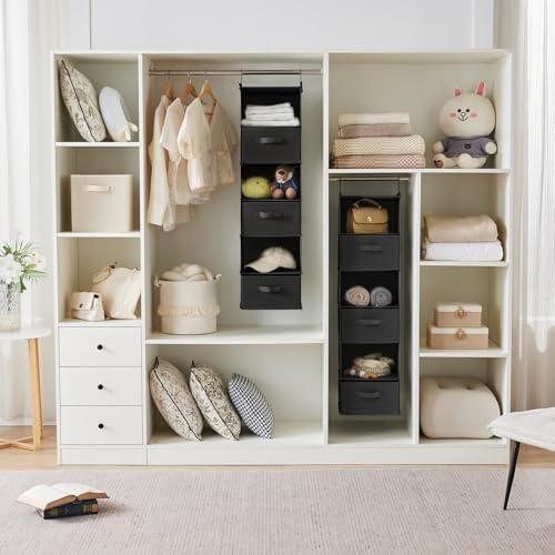 6 Tier Foldable Hanging Closet Organizer with Hooks, Black-D3