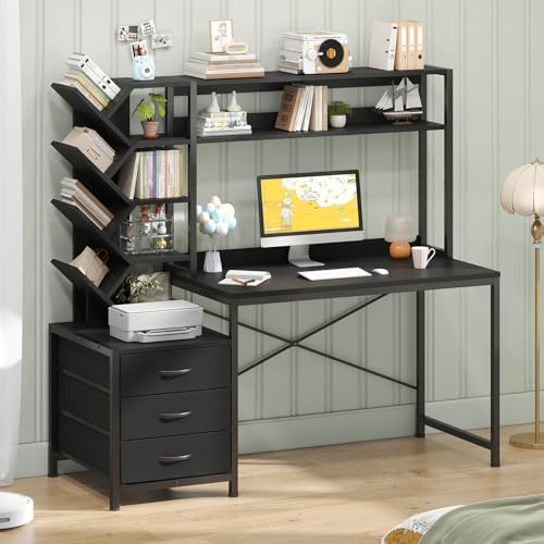 YOMILUVE 52" Computer Desk with Bookshelf, 3 Drawers ＆ Hutch for Bedroom