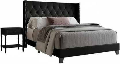 HOME DESIGN Homer Queen Tufted Wingback Upholstered Panel Bed with 2 Matching 1 Drawer Nightstands, Bedroom Furniture Set with Open Shelf Storage, Black Black