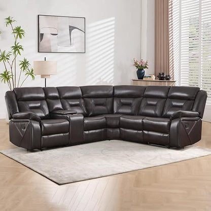 EBELLO Faux Leather Reclining Sectional Sofa Set for Living Room, 1 Recliner Chair and L-Shaped Reclining Couches Home Furniture Set with Center Console, Hidden Cup Holders and Storage, Dark Brown