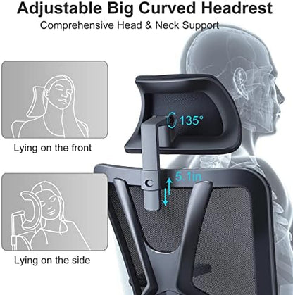 Ticova Ergonomic Office Chair - High Back Desk Chair with Adjustable Lumbar Support & 3D Armrest - 130°Reclining & Rocking Mesh ComputerChair with Thick Seat Cushion & Rotatable Headrest