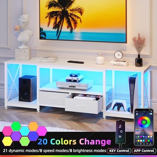 GYIIYUO TV Stand with Fabric Drawer for 65 70 75 Inches TV - Entertainment Center and Industrial TV Console Table with Open Storage Shelves for Living Room, Bedroom - 63" White