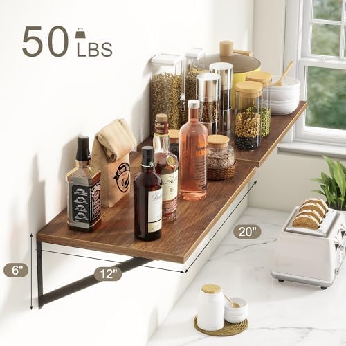20 Inch Floating Shelves, Deep Wall Shelves for Kitchen, 20 x 12 Floating Shelf for Living Room, Bedroom, Farmhouse Floating Shelves for Home Decor Storage, Walnut, Set of 2