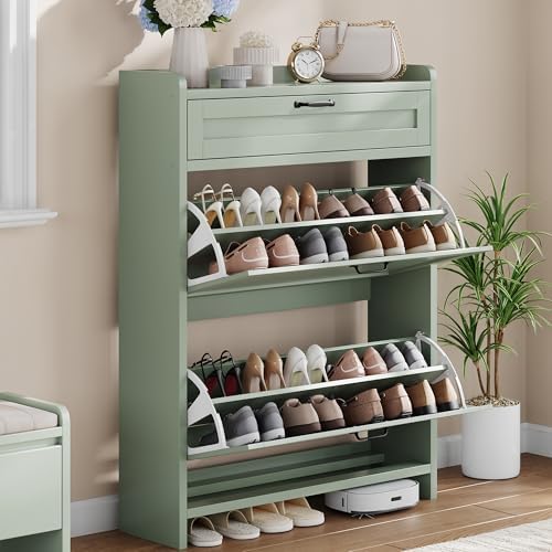 Garvee Shoe Cabinet with 2 Flip Drawers & 1 Top Drawer, Wooden