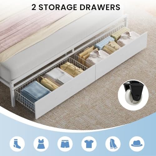 LIKIMIO California King Size Bed Frame with 2 Drawers and Charging Station