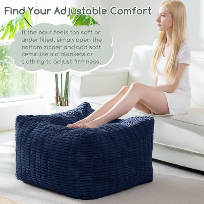 HIGOGOGO Square Stuffed Pouf Ottoman, Blended Corduroy Poufs with Foam Chunk Filling, 25.6 x 25.6 Inches Floor Poufs Foot Rest for Living Room, Navy