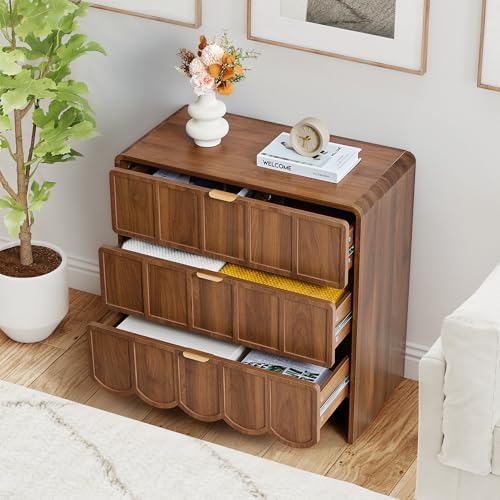 3 Drawer Dresser for Bedroom, Modern Chest of Scalloped Drawer, Walnut