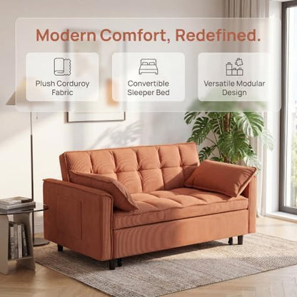3 in 1 Convertible Sofa Bed, Corduroy Fabric Sleeper Sofa Bed, Modern Pull Out Couch with Side Pockets, Sleeper Couch with Adjustable Backrest for Living Room, Bedroom, Orange