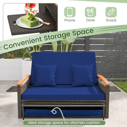 COSTWAY Patio Rattan Daybed, Outdoor Loveseat Sofa with Storage Ottoman