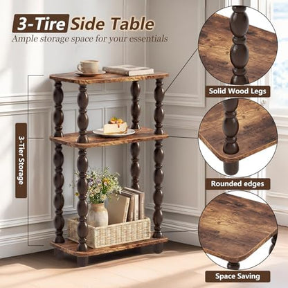 Narrow End Table, 3-Tier Side Table, Retro Couch Side Table for Small Spaces, Farmhouse End Table, Modern Accent Table, Skinny Bedside Table Nightstand for Bedroom, Living Room (Rustic Brown)