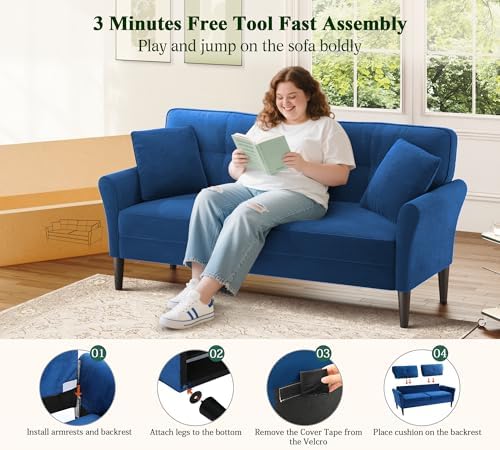Loveseat Sofa, 69" Love Seat Couches, Velvet Small Couch, Blue Couch