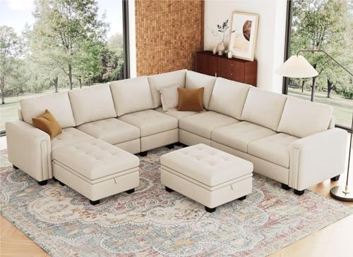 Belffin Modular Sectional Sofa U Shaped Sectional Couch with Storage Ottoman Velvet 9-Seater Convertible Sectional Sofa with Chaises Beige
