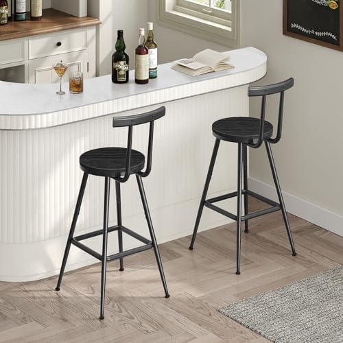 MAHANCRIS Bar Stools, Set of 2 Bar Chairs with Backrest and Footrest, 26" Tall Counter Stools, Metal Frame, Adjustable Feet, Easy Assembly, for Kitchen, Living Room, Pub, Black BAHB6001