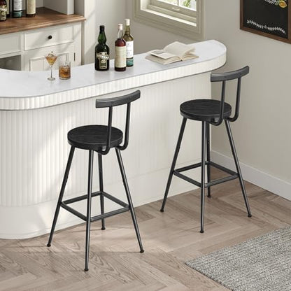 MAHANCRIS Bar Stools, Set of 2 Bar Chairs with Backrest and Footrest, 26" Tall Counter Stools, Metal Frame, Adjustable Feet, Easy Assembly, for Kitchen, Living Room, Pub, Black BAHB6001