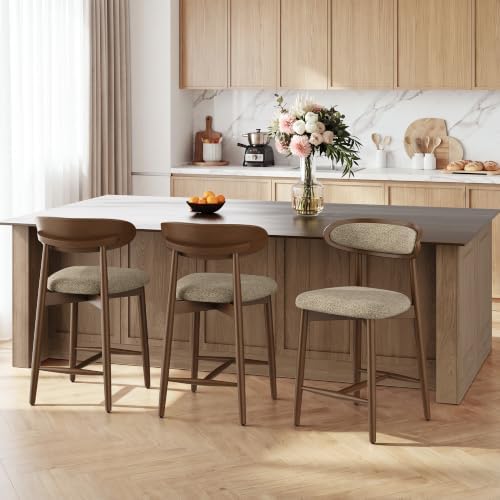 Modern Wooden Barstools Set of 3, Upholstered Counter Height Chairs, Camel