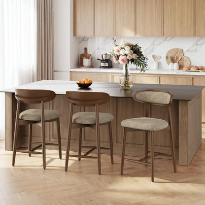 Modern Wooden Barstools Set of 3, Upholstered Counter Height Chairs, Camel