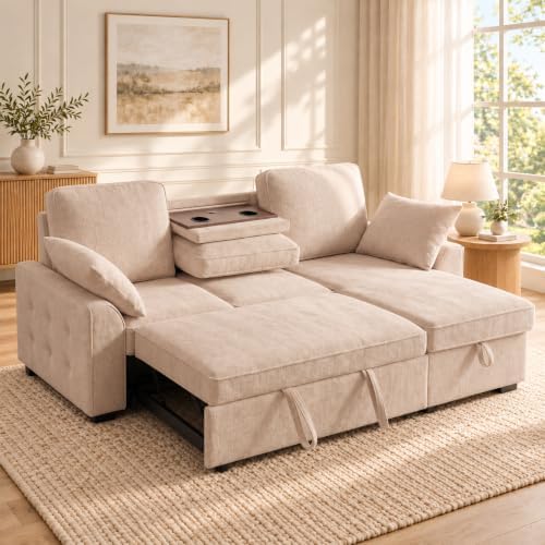 L‑Shaped Queen Pull Out Sleeper Sofa Bed with Storage Chaise, Beige