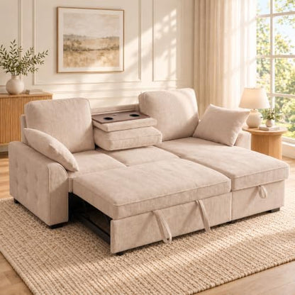 L‑Shaped Queen Pull Out Sleeper Sofa Bed with Storage Chaise, Beige