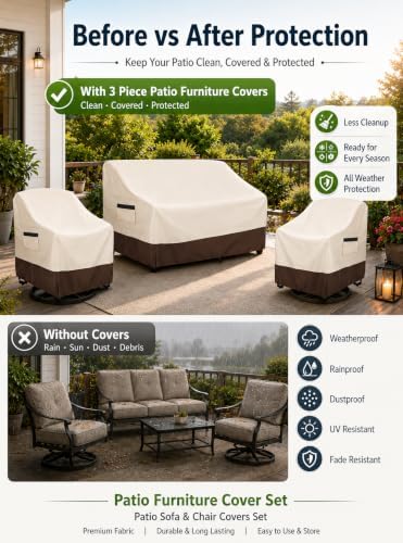 3 Piece Patio Furniture Covers Set- 2 Chair Covers 30In + Couch Cover 79In