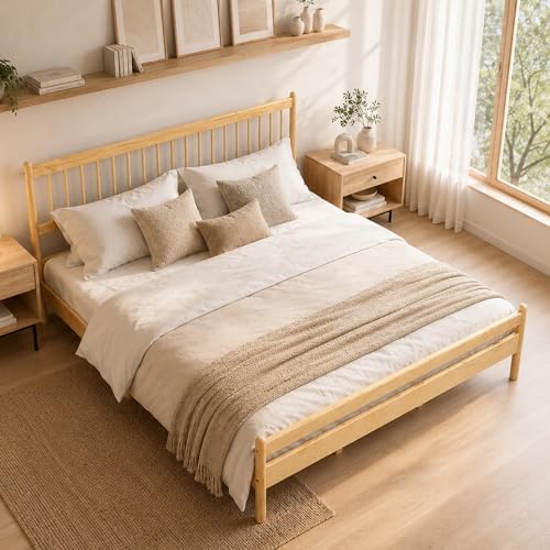 PVWIIK King Size Bed Frame with Headboard&Footboard,Natural