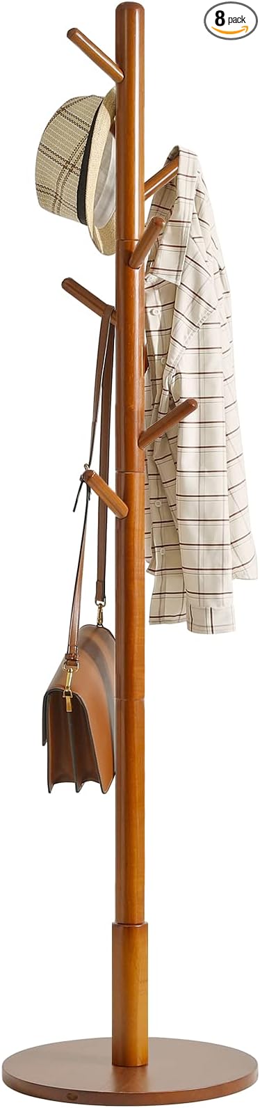 IBUYKE Coat Rack Stand, Freestanding Coat Tree with Solid Round Base and 8 Hooks, Easy Assembly Wooden Coat Hanger, Clothes Rack for Hallway Entryway, Living Room, Bedroom, Office, Brown WD-113