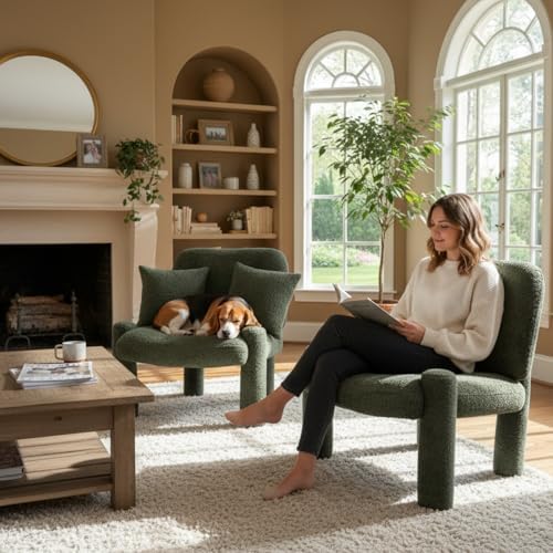 HNY Modern Accent Living Room Chairs Set of 2, Green Boucle Reading Chair