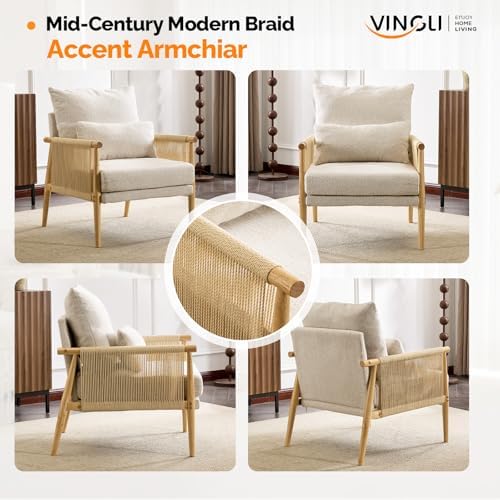 VINGLI Boho Braid Accent Armchair,Mid-Century Modern Chiar with Solid Wooden Armrest,Comfy Louge Cushion Chair with Waist Pillow for Bedroom,Living Room,Reading Room, Gray Beige