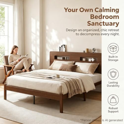 14" Bamboo Wood King Size Bed Frame with Storage Headboard