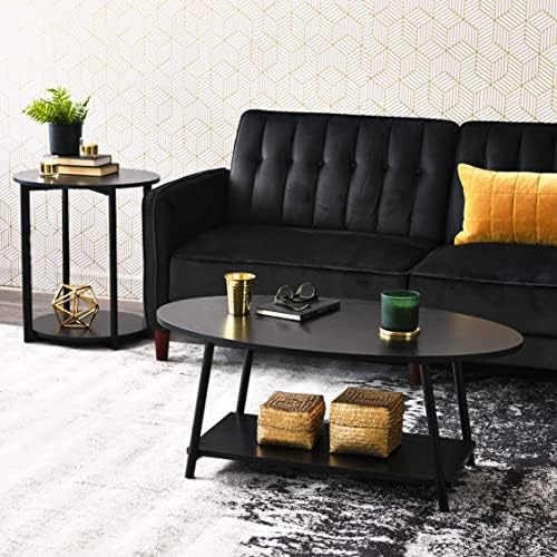 Household Essentials Oval Coffee Table with Storage Shelf in Oak Wood Grain and Black Metal Frame, Black