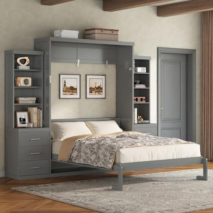 Queen Murphy Bed with Storage Shelves and Drawers, Solid Wood Foldable Hidden Vertical Murphy Wall Bed with Storage Bookcase for Adults, Library,Guest Room,Bedroom,Office,Space-Saving (Queen,Grey)