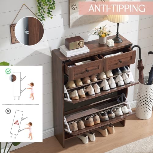 Barnyatoh Farmhouse Shoe Cabinet with 2 Flip Drawers & 2 Storage Drawers