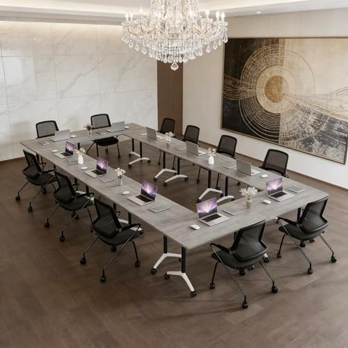 Folding Conference Table, Conference Room Tables with Wheels Foldable Large Rectangle Meeting Seminar Table for 6-12 People, Flip Top Mobile Training Table for Office Classr (8, Gray, 61in)