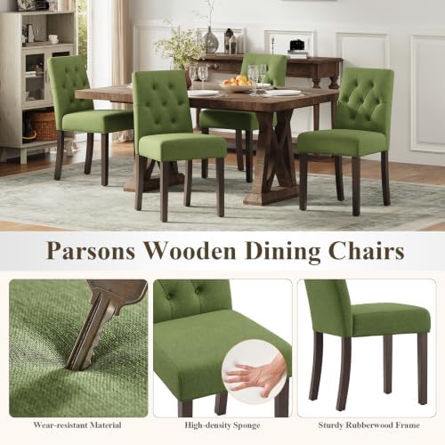 MALOL Upholstered Dining Chairs Set of 2, Tufted Fabric Kitchen Chairs with Solid Wood Legs, Modern Dining Room Side Chairs for Home, Restaurant, Guest Room and Vanity, Green