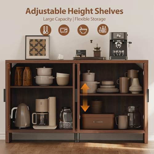 Rattan Buffet Cabinet with Storage, Sideboard Cabinet with Doors and Adjustable Shelves, Farmhouse Coffee Bar Station Table, Modern Wood Cupboard for Kitchen, Livingroom, Walnut