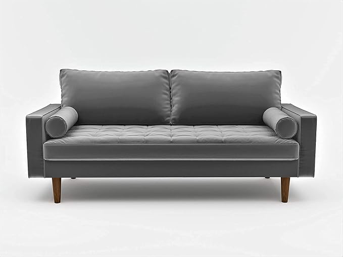 Container Furniture Direct Womble Mid Century Modern Velvet Upholstered Tufted Seat with Bolster Pillows, Sofa, Grey