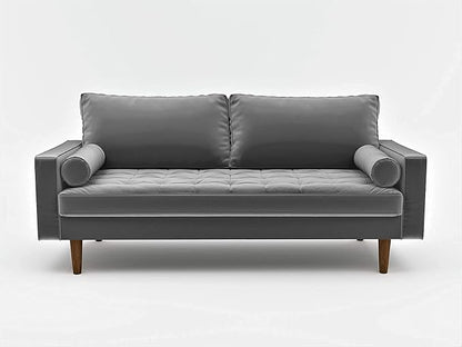 Container Furniture Direct Womble Mid Century Modern Velvet Upholstered Tufted Seat with Bolster Pillows, Sofa, Grey