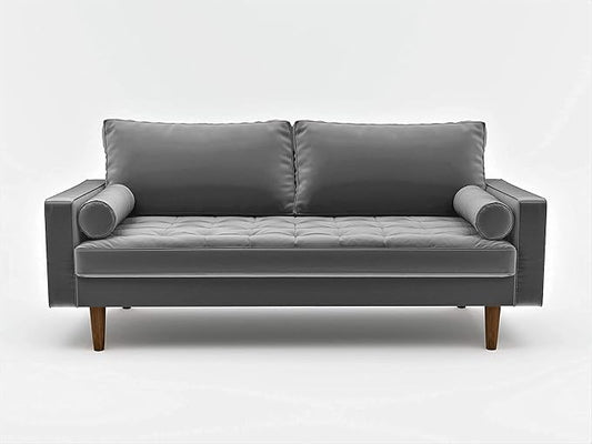 Container Furniture Direct Womble Mid Century Modern Velvet Upholstered Tufted Seat with Bolster Pillows, Sofa, Grey
