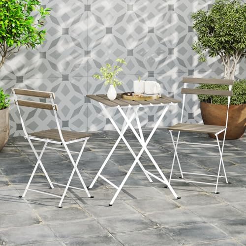 GIANTEX 3-Piece Acacia Wood Bistro Set, Patio Bistro Table with 2 Folding Chairs, Slatted Seat & Tabletop, Metal Frame, Outdoor Furniture Set for Backyard, Porch, Garden, Poolside (White + Gray)
