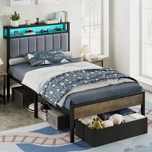 AMERLIFE Twin Bed Frame with LED Lights & 2-Tier Storage Headboard