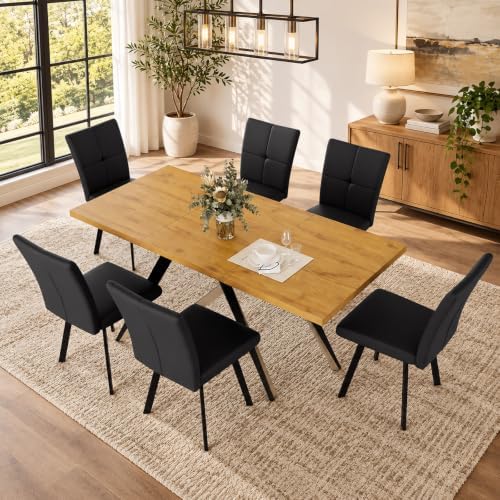 7-Piece Dining Table Set for 6, Oak Table with 6 Black PU Chairs
