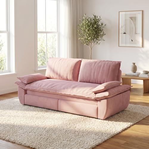 73.2" Sofa Bed Queen, 3-in-1 Pull Out Sofa Bed with Pillow Armrest, Modern Velvet Convertible Sleeper Futon Sofa for Living Room Small Space, Apartment, Bedroom, Pink